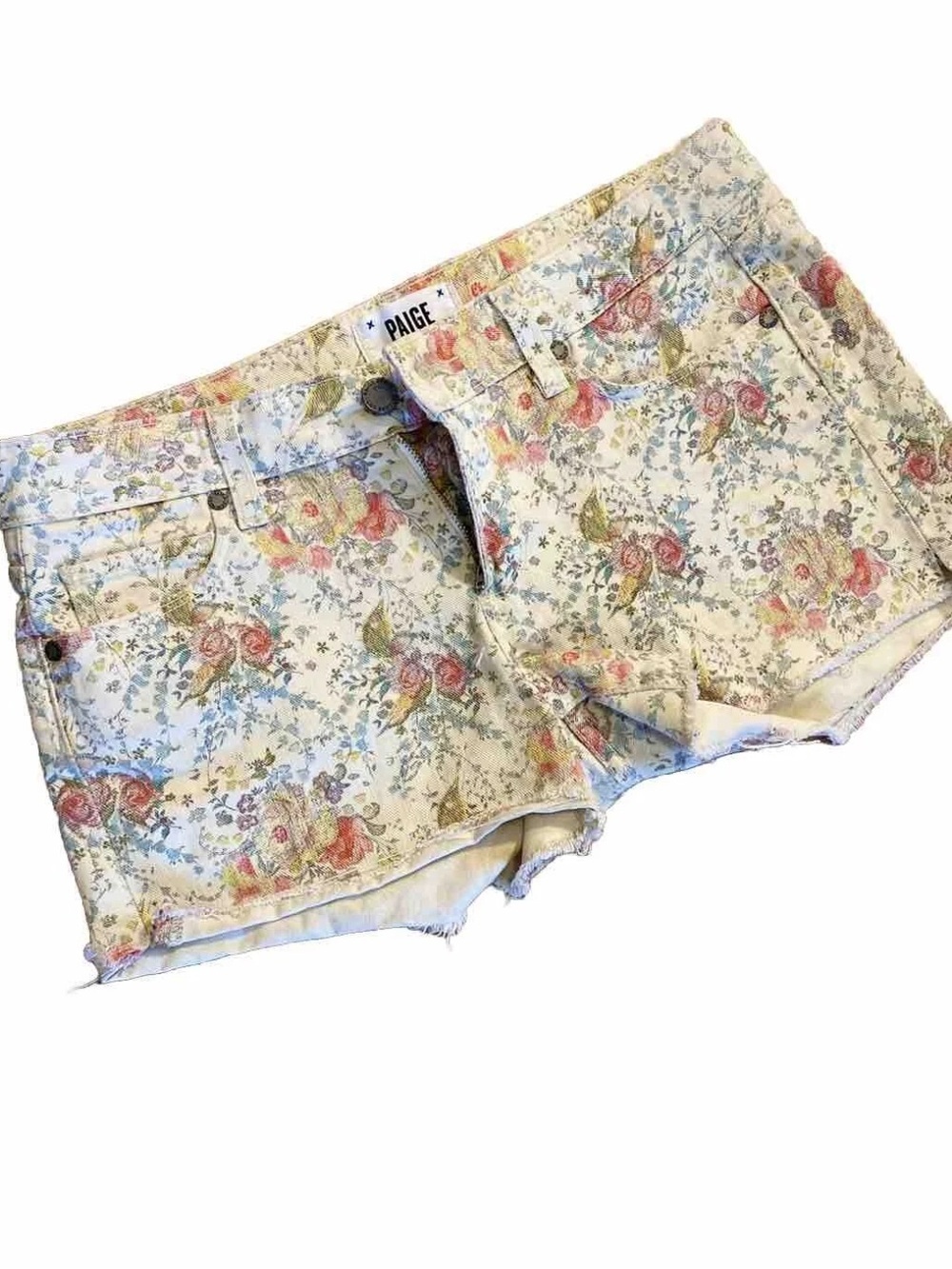 PAIGE Floral Print Cream denim Short Shorts women’s size 28